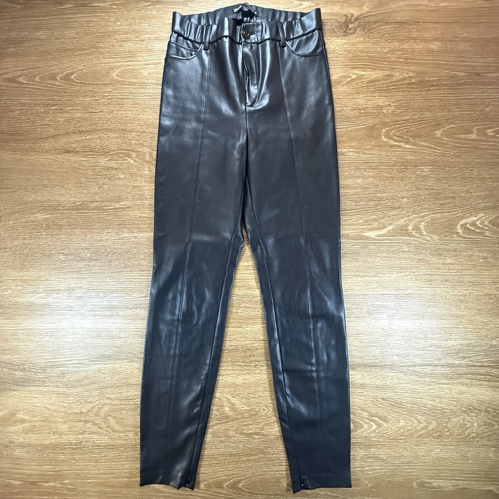 Zara Women's M Black Faux Leather Pants High Rise Slim Leg Pull On Stretch Edgy